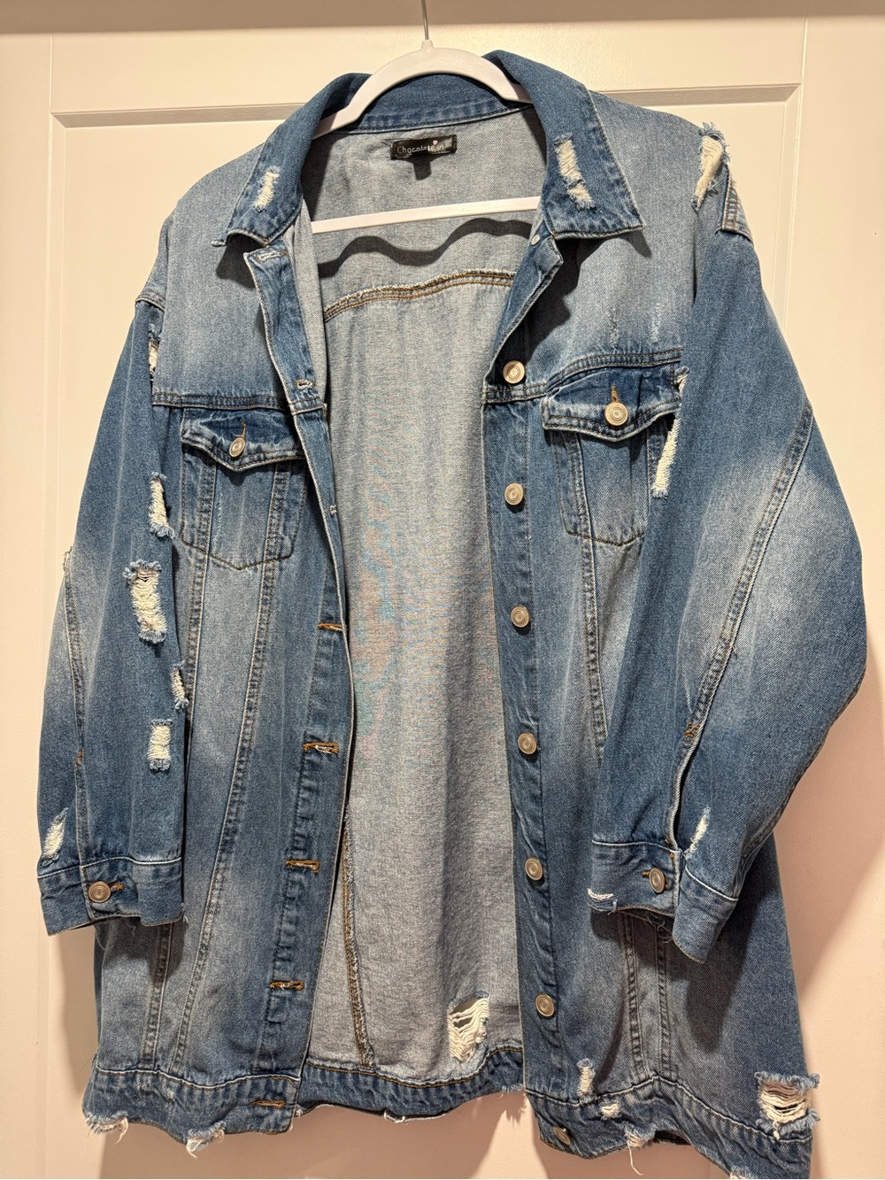 Chocolate Light Blue Distressed Oversized Jean Jacket